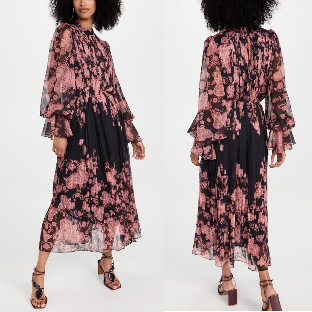 HEMANT & NANDITA Luana Pleated Long Dress in Chiffon Size XS